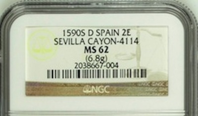 Spain 2 Escudos 1590 "Dated" NGC 62 Finest and Only 1 Known 6