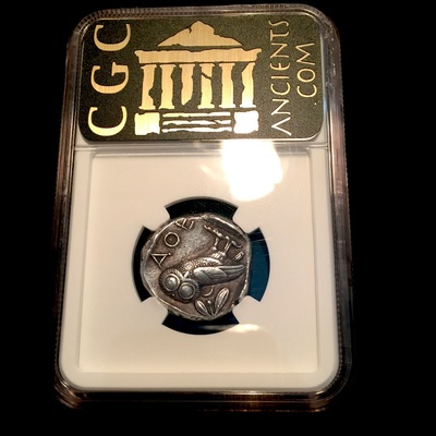 ATTICA, ATHENS 460- 440 BC   TETRADRACHM  ATHENA  OWL,  OLIVE FIG                      ~ NGC ch XF 4 x 3 ~ 8