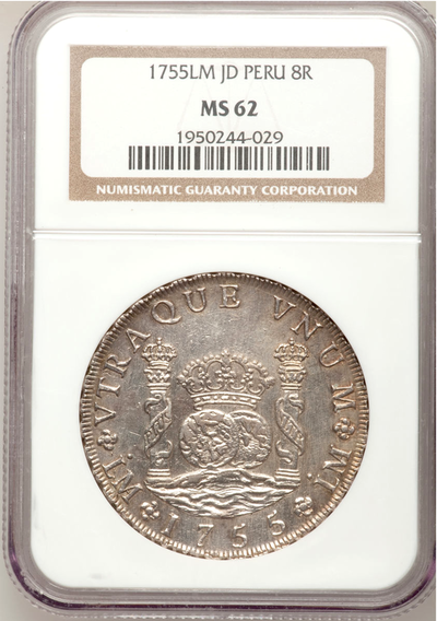 PERU  1755  8  REALES  PILLAR DOLLAR  ~ NGC 62 ~ 2nd FINEST KNOWN! 2