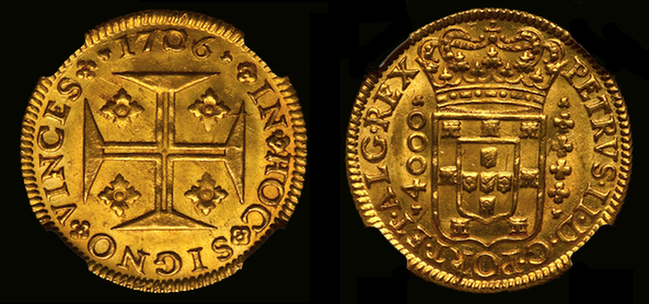 PORTUGAL 1706 GOLD 4000 REIS ~ NGC 65 ~ FINEST KN.! "LISBON MINT" KING PEDRO II (PETER) - ONLY 3 GRADED