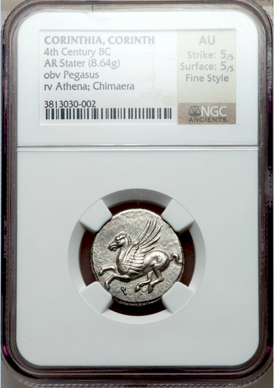 CORINTHIA CORINTH  345BC  "PEGASUS & ATHENA"  ~ NGC AU 5 x 5 FINEST STYLE ~  AR STATER  SILVER 3