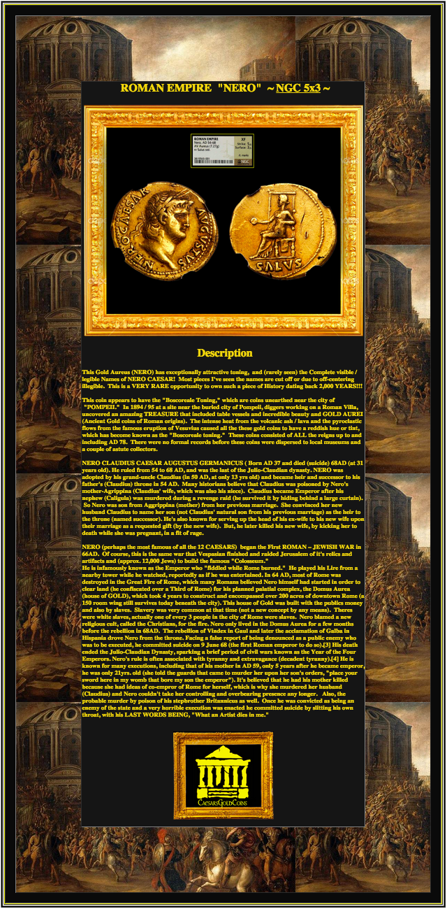 ROMAN EMPIRE "NERO" 54-68 AD  AV AUREUS ~ NGC XF 5x3 ~ ! NERO CLAUDIUS CAESAR AUGUSTUS  "POMPEII TREASURE" 4