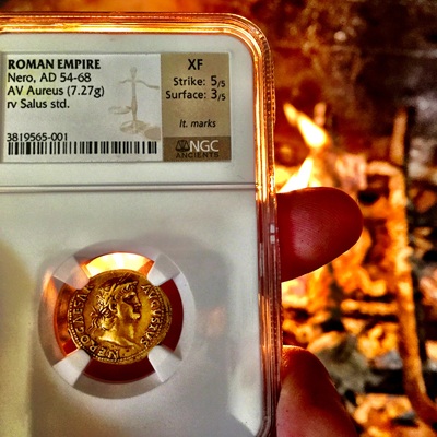ROMAN EMPIRE "NERO" 54-68 AD  AV AUREUS ~ NGC XF 5x3 ~ ! NERO CLAUDIUS CAESAR AUGUSTUS  "POMPEII TREASURE" 7
