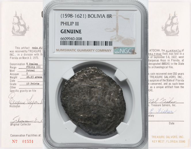 Bolivia 8 Reales 1598-1621 "Hand sig. 1975 - Atocha Shipwreck" NGC Genuine