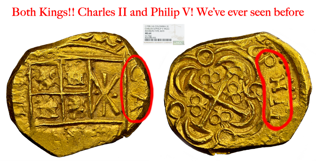 Colombia 2 Escudos 1700-14 "Charles III & Philip V" NGC 64