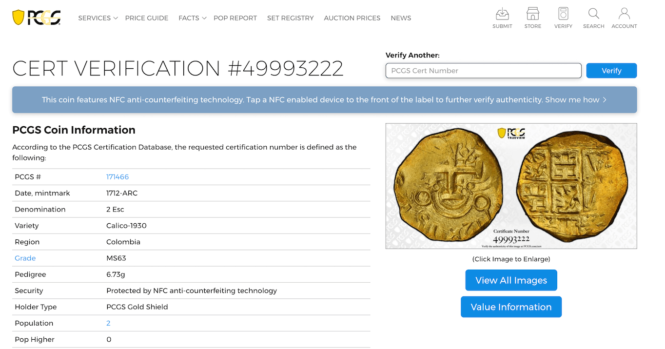 Colombia 2 Escudos 1712 "1715 Fleet Shipwreck" PCGS 63 11