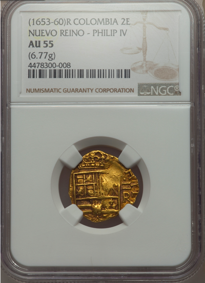 Colombia 2 Escudos 1660 "Dated" NGC 55 Shipwreck Treasure Gold Coin 3