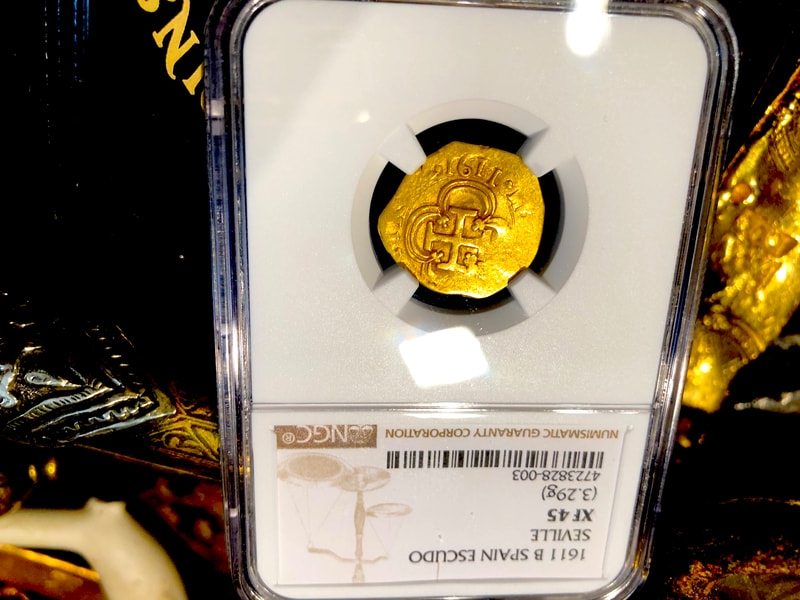Spain 1 Escudo 1611 "Dated" NGC 45 Pirate Gold Coins 3
