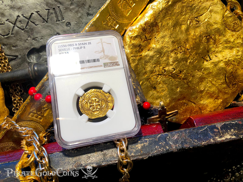 Spain 2 Escudos 1556-98 "Incredible Pirate Look" NGC 53 7