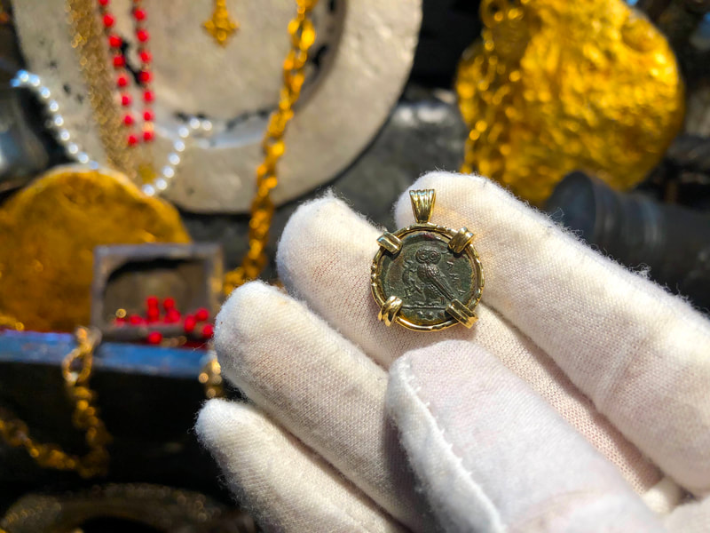 Karamina (Sicily) Tetras 420-410BC "Owl | Head of Gorgon" 18kt Bezel