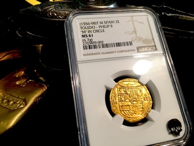 Spain  2 Escudos  1556-98  "Toledo Mint "M" inside of Circle"  NGC 61 3