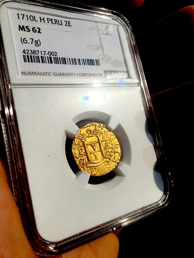 Peru  2 Escudos  1710  "1715 Plate Fleet Shipwreck"  NGC 62  Mel Fisher COA 5
