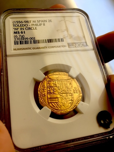 Spain  2 Escudos  1556-98  "Toledo Mint "M" inside of Circle"  NGC 61 9