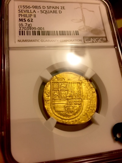 Spain  2 Escudos  1556-98  "Incredible Luster!"  Square D  NGC 62 13