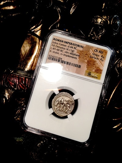 ROMAN IMPERATORIAL "CAESAR" 44BC AR DENARIUS  NGC CH AU 4x4 2