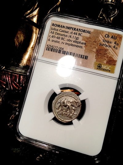 ROMAN IMPERATORIAL "CAESAR" 44BC AR DENARIUS  NGC CH AU 4x4 3