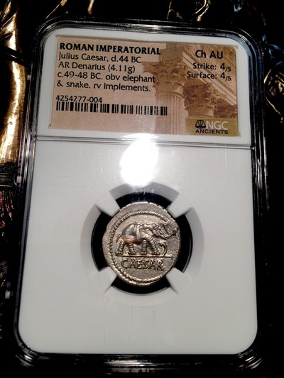 ROMAN IMPERATORIAL "CAESAR" 44BC AR DENARIUS  NGC CH AU 4x4 4