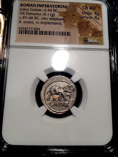 ROMAN IMPERATORIAL "CAESAR" 44BC AR DENARIUS  NGC CH AU 4x4 5