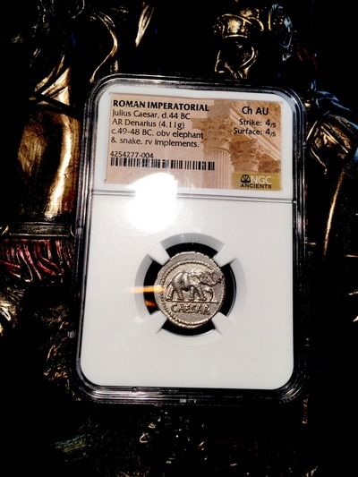 ROMAN IMPERATORIAL "CAESAR" 44BC AR DENARIUS  NGC CH AU 4x4 6