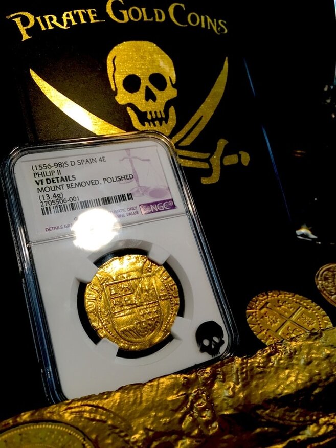 Spain  4 Escudos  1556-98  "Philip II"  NGC VF Details! Incredible Strike!