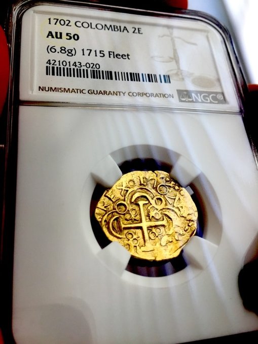Colombia 2 Escudos 1702 Full Date "1715 Plate Fleet Shipwreck" NGC 50