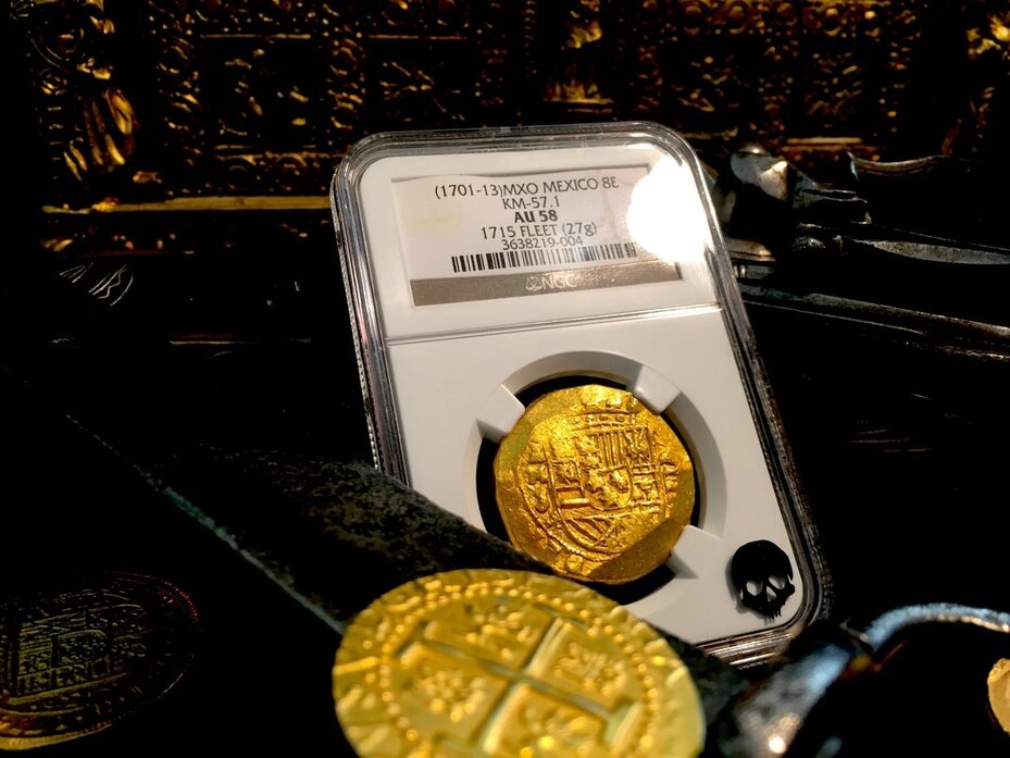 Mexico 8 Escudos 1701-13 "1715 Plate Fleet Shipwreck" NGC 58