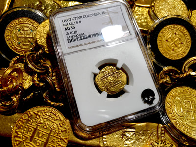 Colombia 2 Escudos 1667-93 "Charles II" NGC 55 Pirate Gold Coins Treasure 5