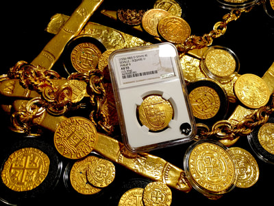 Spain 4 Escudos 1556-98 "Full Crown" NGC 55 Pirate Treasure Shipwreck Gold 7