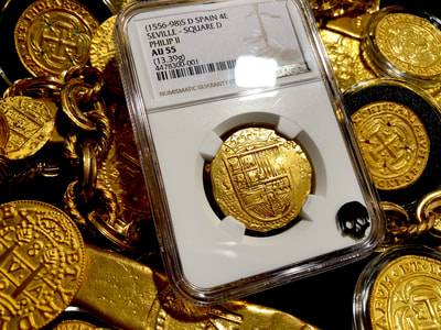 Spain 4 Escudos 1556-98 "Full Crown" NGC 55 Pirate Treasure Shipwreck Gold 4
