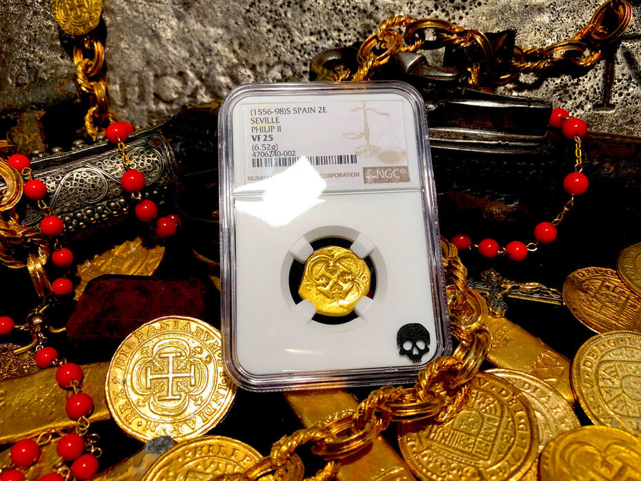 Spain 2 Escudos 1556-98 "Philip II" NGC 25​ Pirate Gold Coins Treasure