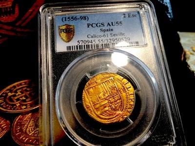 Spain  2 Escudos  1556-98  "Seville Mint"  PCGS 55  Full Philippvs in Legend! 2