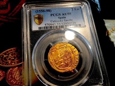 Spain  2 Escudos  1556-98  "Seville Mint"  PCGS 55  Full Philippvs in Legend! 3