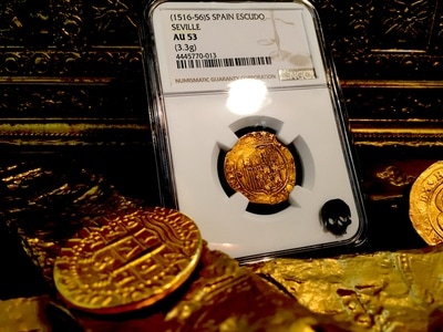 Spain  1 Escudo  1516-56  "Seville Mint"  NGC 53 Gold Treasure Coin 3