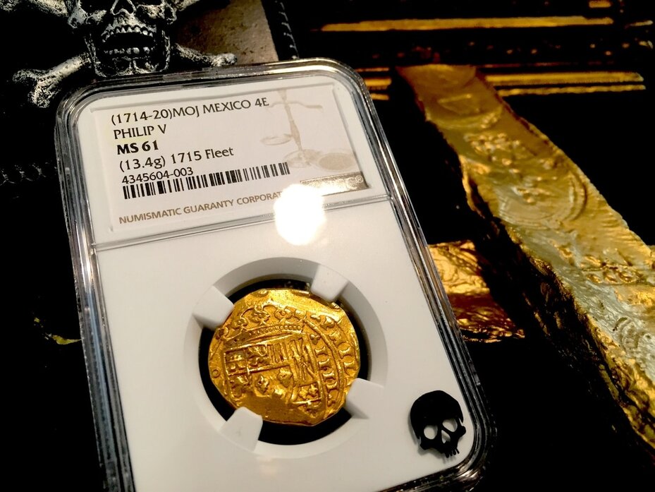 Mexico 4 Escudos 1714-20 "1715 Plate Fleet Shipwreck" NGC 61 Full Crown!