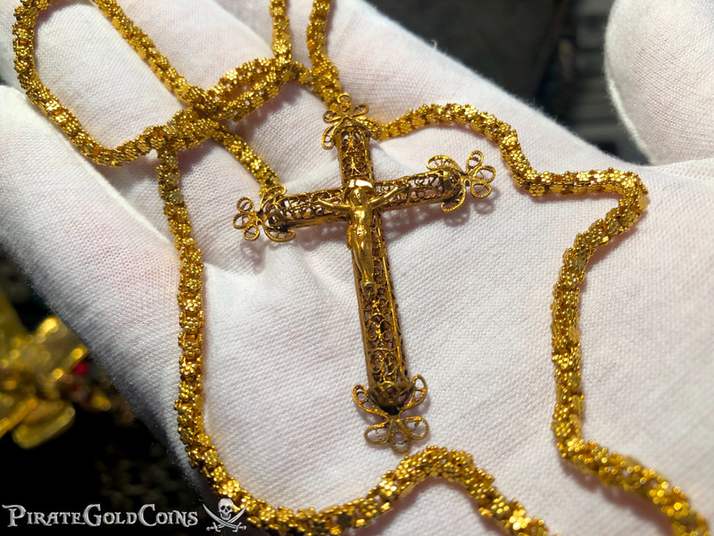 Gold Filigree Cross/ Crucifix & Olive Blossom Chain from 1715 Fleet Shipwreck