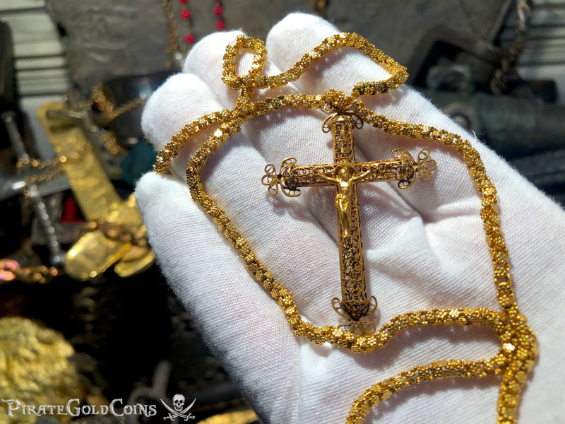 Gold Filigree Cross/ Crucifix & Olive Blossom Chain from 1715 Fleet Shipwreck 16