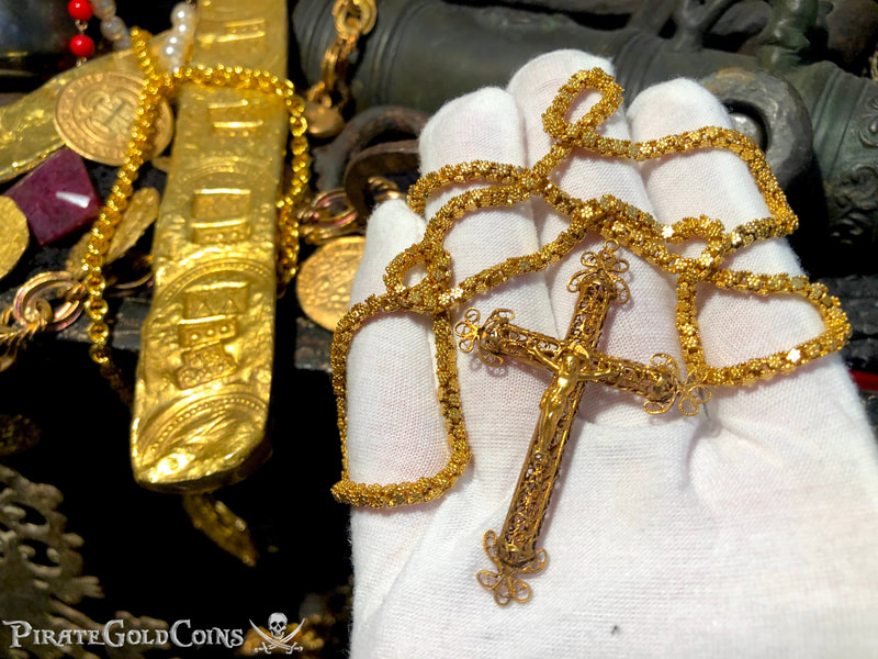 Gold Filigree Cross/ Crucifix & Olive Blossom Chain from 1715 Fleet Shipwreck 22