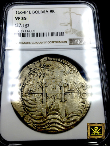 BOLIVIA 8 REALES 1664 "TRIPLE DATE"  FULL CROSS  NGC 35