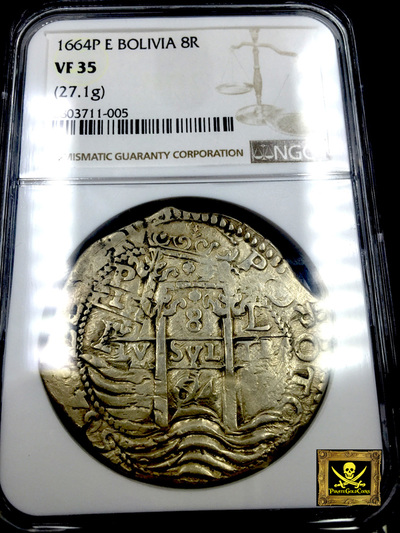 BOLIVIA 8 REALES 1664 "TRIPLE DATE"  FULL CROSS  NGC 35 3