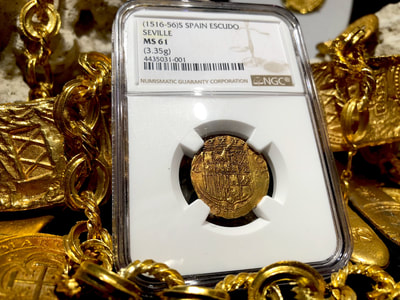 Spain 1 Escudo 1516-56 "Perfectly Round" NGC 61 Pirate Gold Coins 3