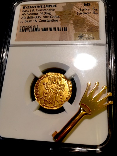 ​BYZANTINE EMPIRE "BASIL I & CONSTANTINE" 868-886 AD SOLIDUS CHRIST NGC MS 5x4! 4