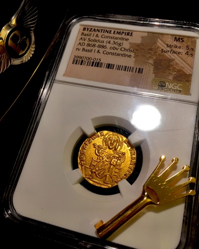 ​BYZANTINE EMPIRE "BASIL I & CONSTANTINE" 868-886 AD SOLIDUS CHRIST NGC MS 5x4! 9