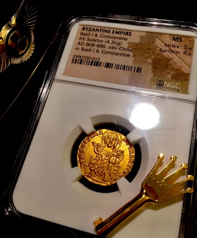 ​BYZANTINE EMPIRE "BASIL I & CONSTANTINE" 868-886 AD SOLIDUS CHRIST NGC MS 5x4! 10