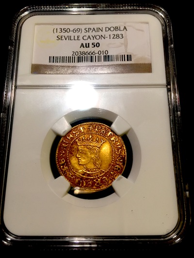 SPAIN 1350  DOBLA "KING PEDRO I (PETER)" SEVILLE MINT  NGC 50 ! 5