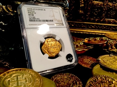 Spain  4 Escudos  "Picturesque Pirate Era Cross!"  1630-47  NGC 40 3