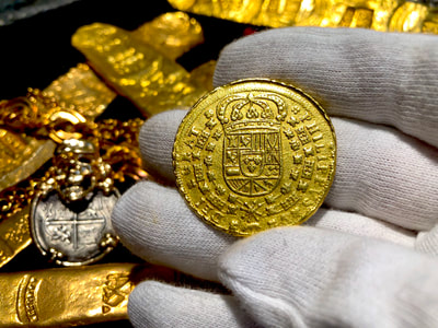 Spain 8 Escudos 1703 "Great Pendant Piece" RAW Pirate Gold Coins 8