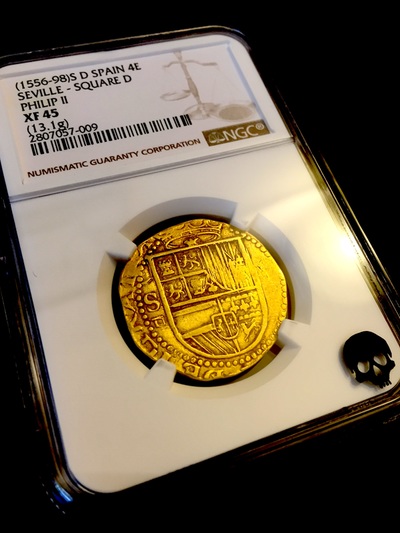 SPAIN GOLD COB 1556-1598 SD 4 ESCUDOS KING PHILIP II DOUBLOON COIN   ~ NGC 45 ~ 10