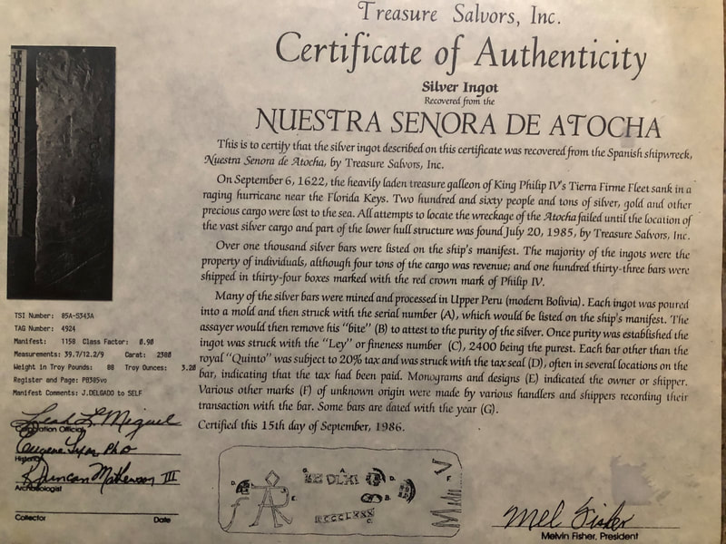 Atocha 1622 Silver Bar 10lbs Ingot with Mel Fisher COA 6