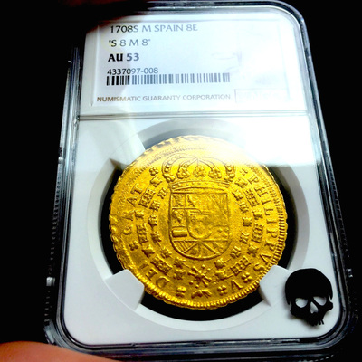 ​SPAIN 1708 8 ESCUDOS DOUBLOON NGC 53 “ONLY 1 KNOWN!” KING Philip V GOLD COIN COB 2
