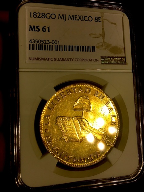 ​MEXICO 1828 GO MJ "FINEST OF ONLY 4 KNOWN!" 8 ESCUDOS NGC 61 PROOF LIKE GOLD COIN